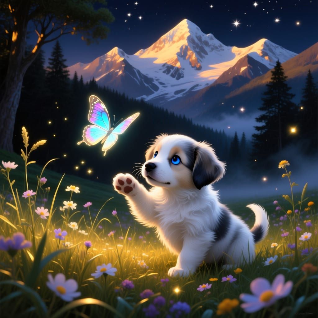 Cute puppy bats at a butterfly