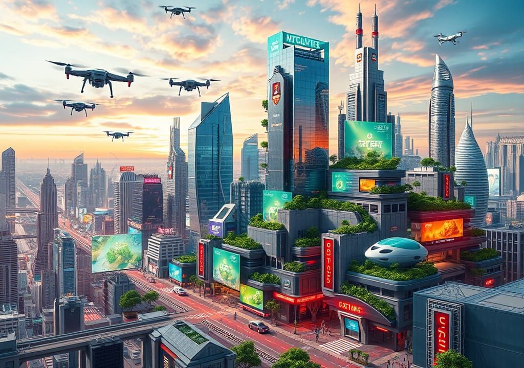 a 3D collage set in a futuristic cityscape, blending both hi...
