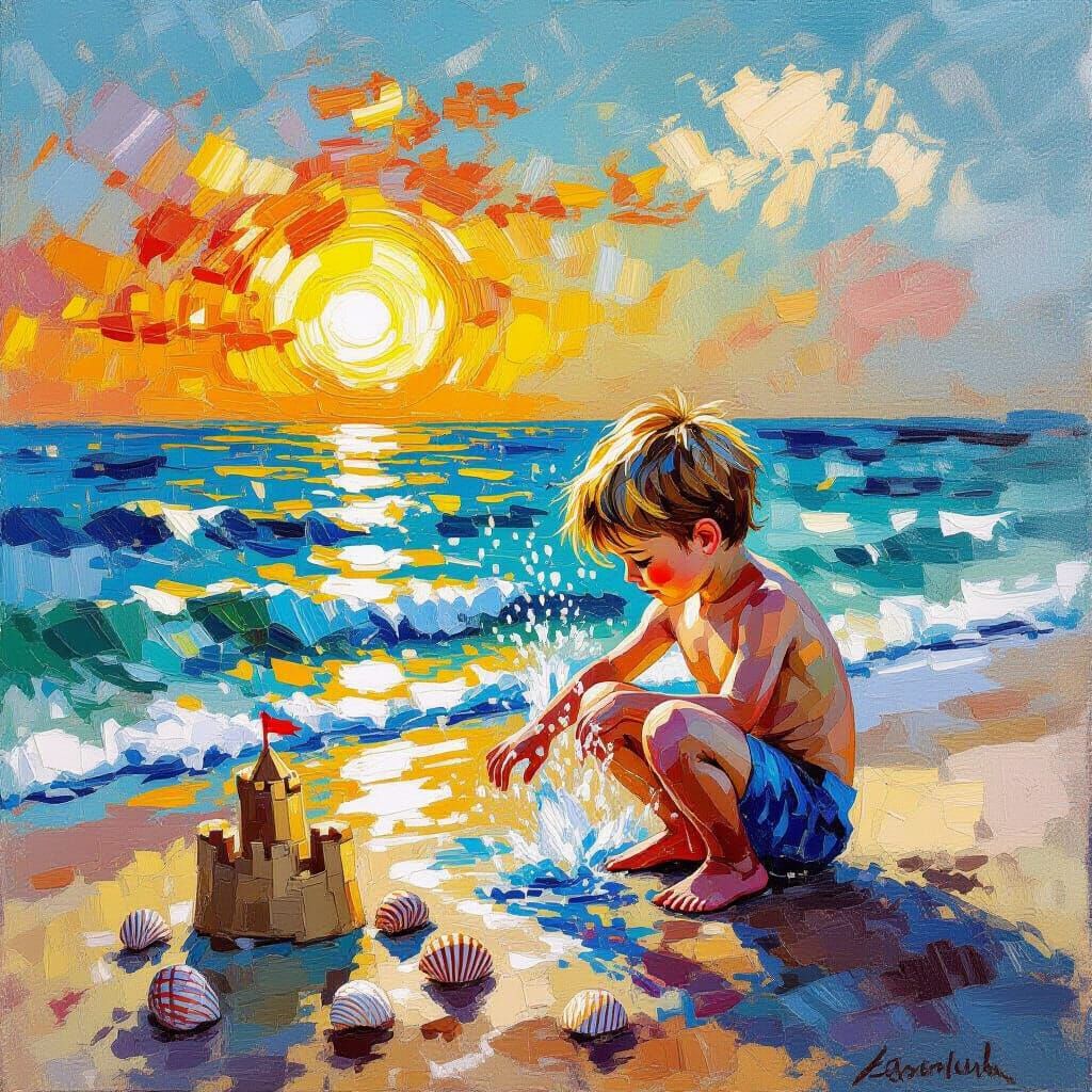 Boy Splashing in Sea at Sunset in Neo-Impressionism Style