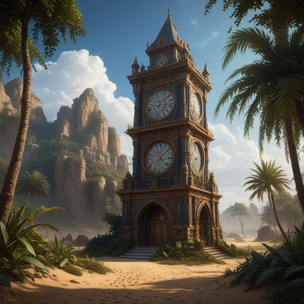 Envision a hidden oasis deep within a vast, arid desert, where a colossal gothic clock tower rises from the sands. The clock tower is adorne...