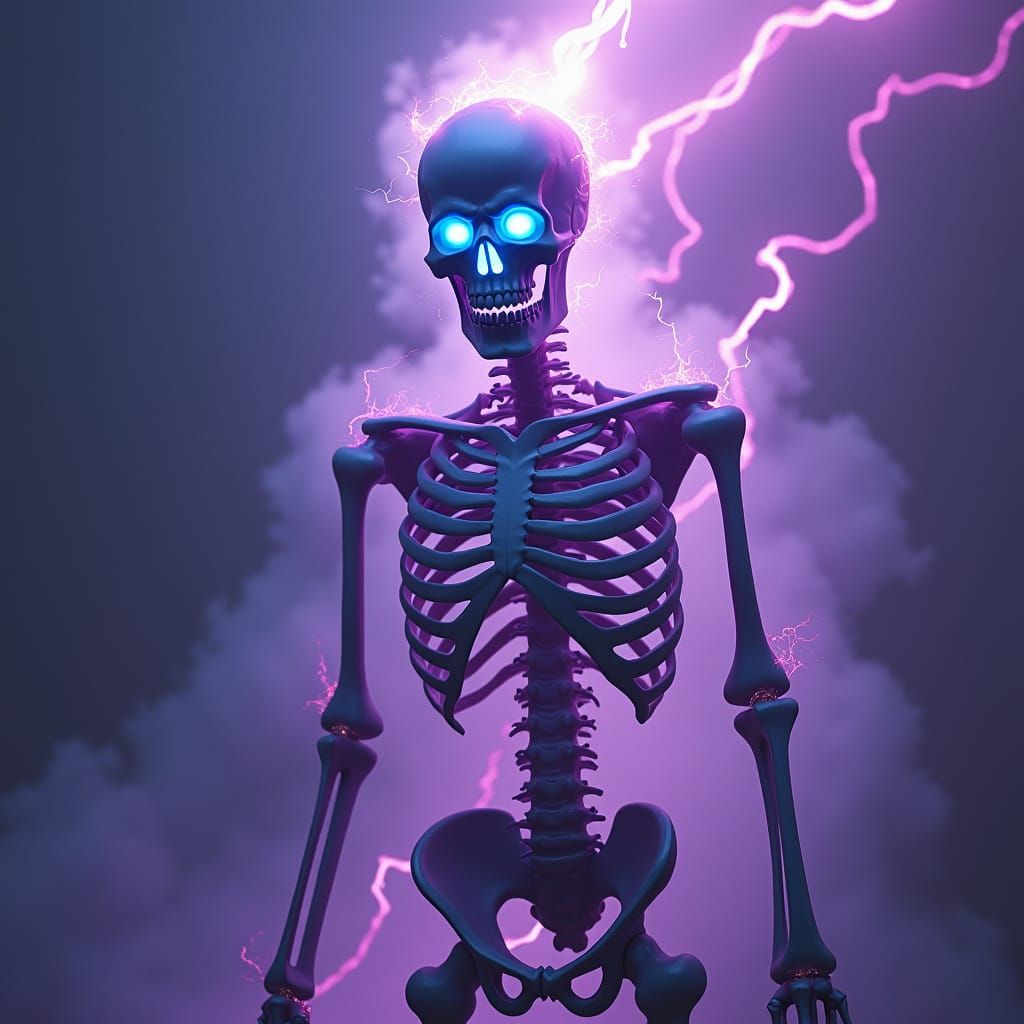 Skeleton surrounded by purple lightning