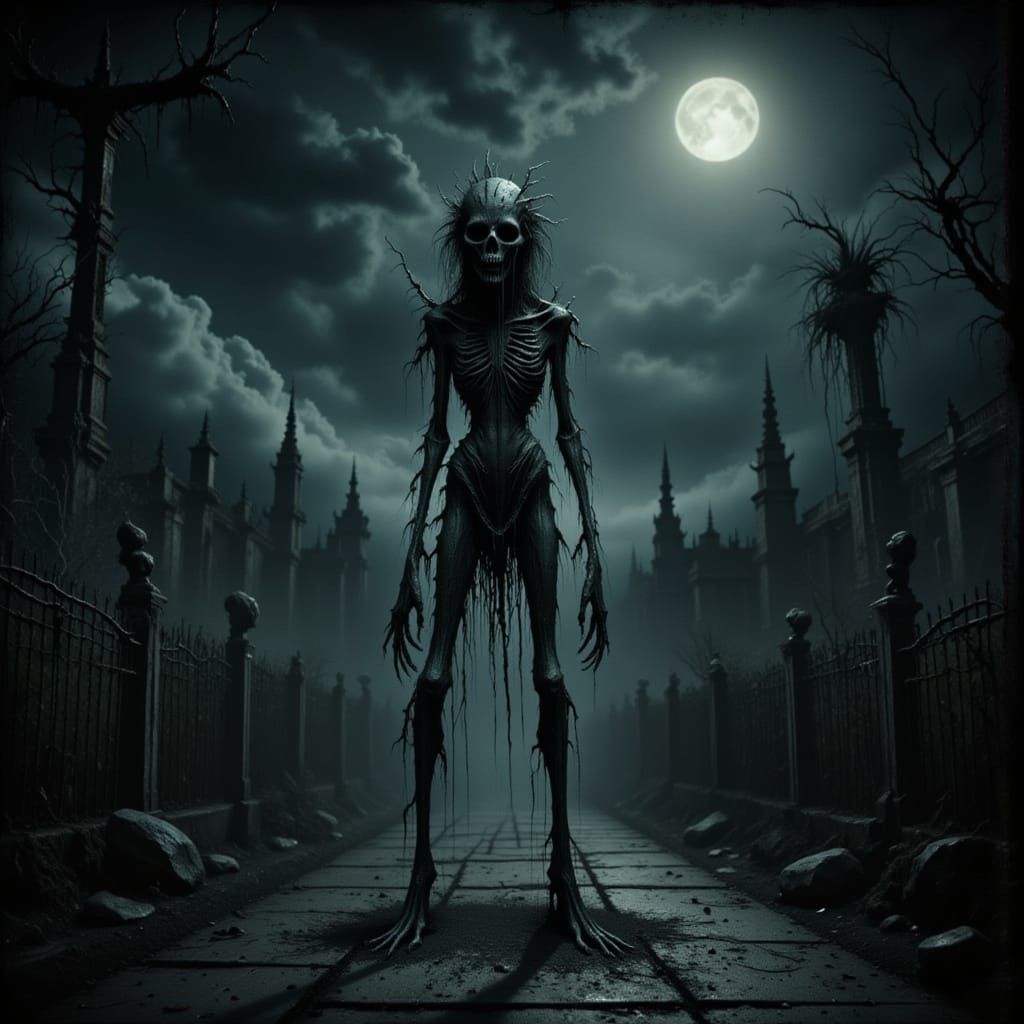 Grotesque Creature in Desolate Garden