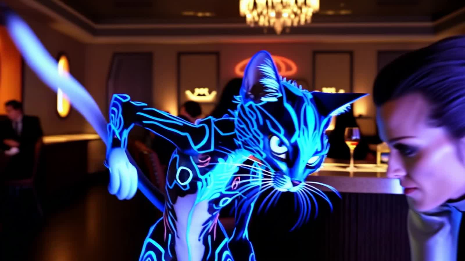 Fluid and flurry cyber cat, in a cocktail bar flirting with her semi human partner