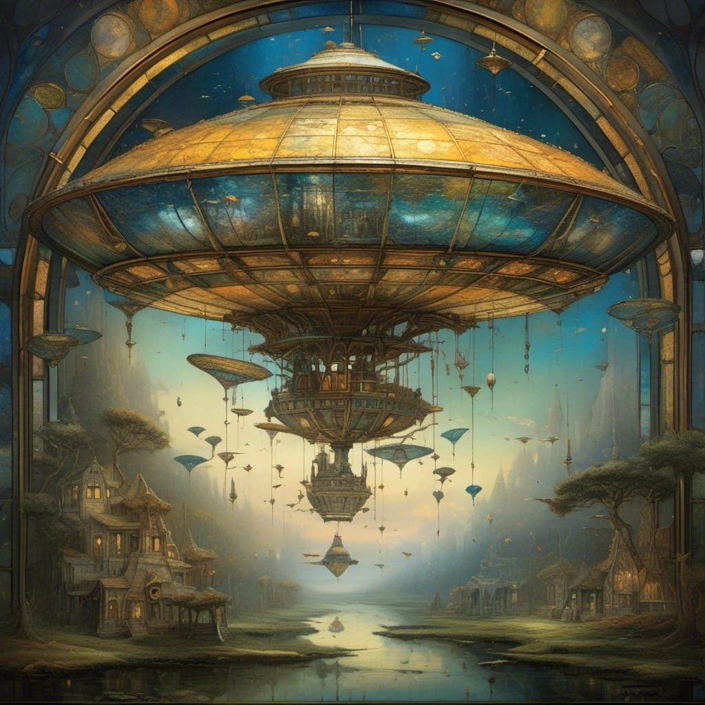 Illuminated Stained Glass Saucer Over Landscape