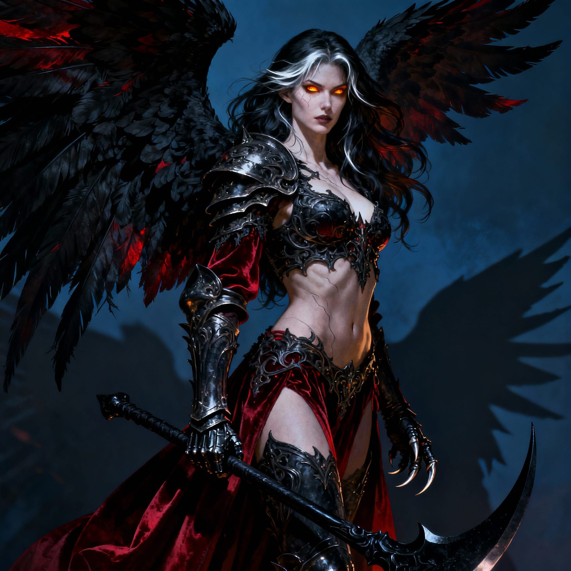 Гиперреалистичное изображение, зделай эту девушку тёмным ангелом, с крыльями, и опасную, но привлекательной внешностью и красивой, женственн...