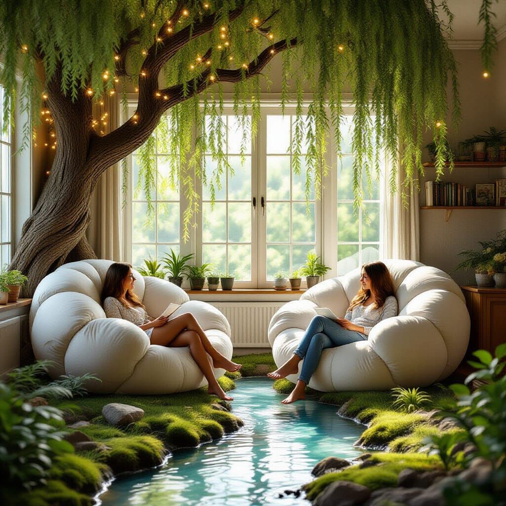 Two women are in a cozy family living room where the floor transitions seamlessly into a soft, mossy ...  by @Elvis Presley