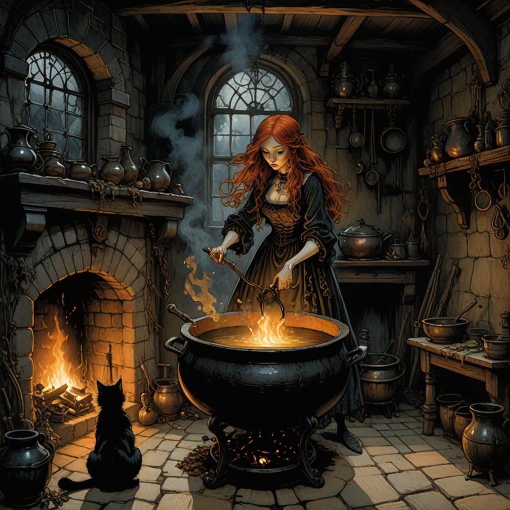 Witches. Digital painting. A young witch with flowing auburn hair and a pointed hat stirs a bubbling cauldron in a dimly lit, crooked cottag...