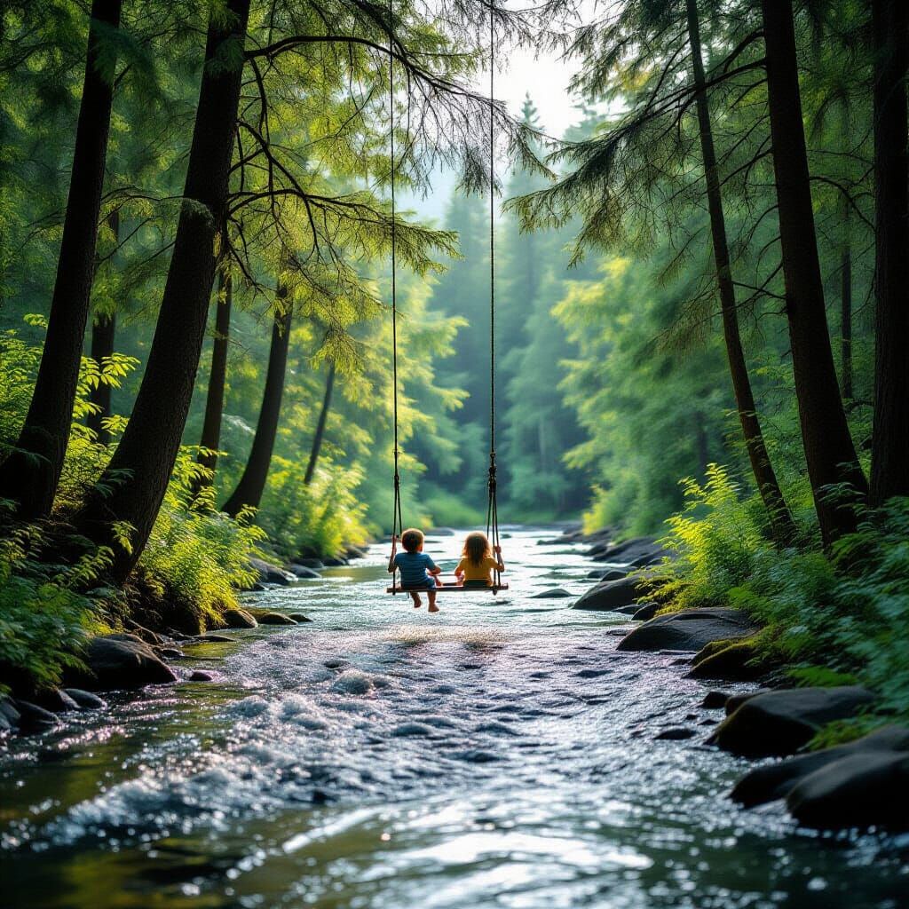 Children Swing in Forest River with Animals