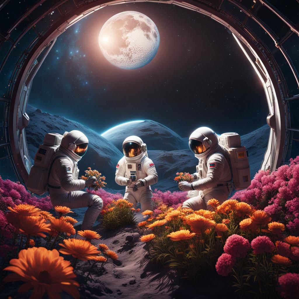 Three men in spacesuits tending to the flowers in a geodesic...