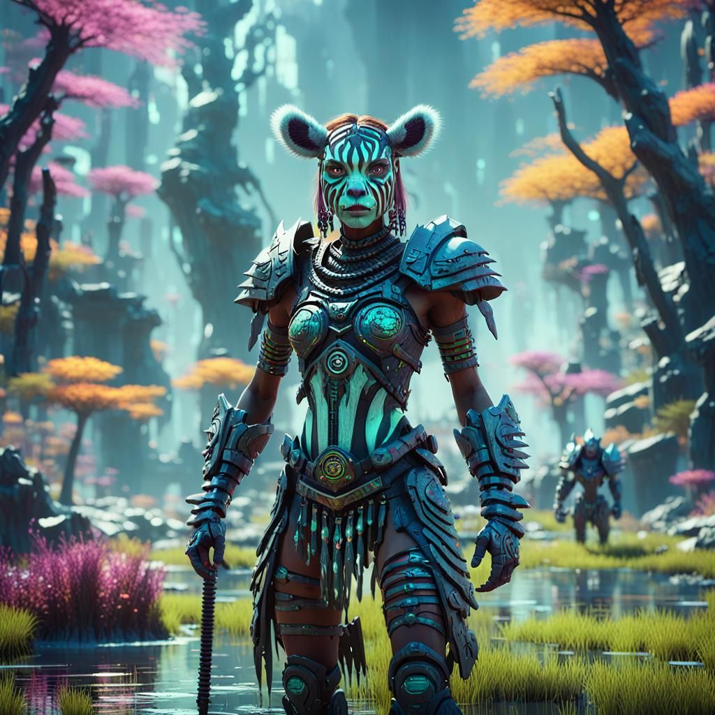 female humanoid werezebra barbarian in a lucid colorful swam...