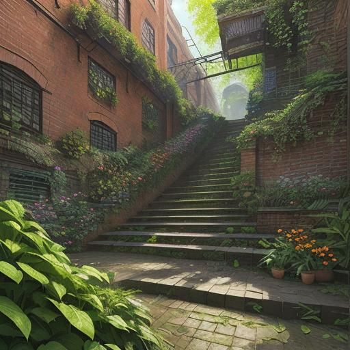 Lush greenery cascading down a brick wall, overflowing with ...