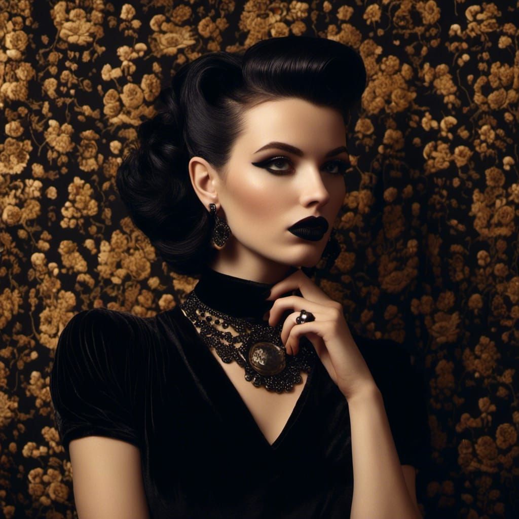  <lora:Midnight Retro:1.0>closeup, gothpunk woman in black velvet, goth 50’s backdrop, dramatic lighting 