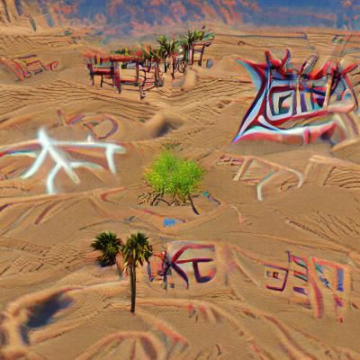 Graffiti on sand in a desert with maple trees and hotel Cali...