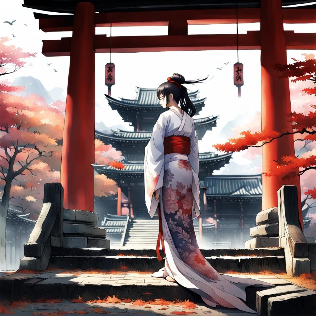 Ethereal Beauty Haunts Ruined Shinto Temple in Anime Style