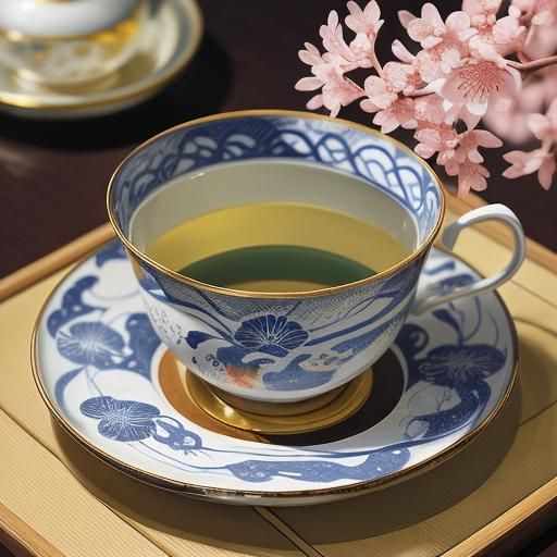 A delicate porcelain teacup and teapot adorned with intricat...