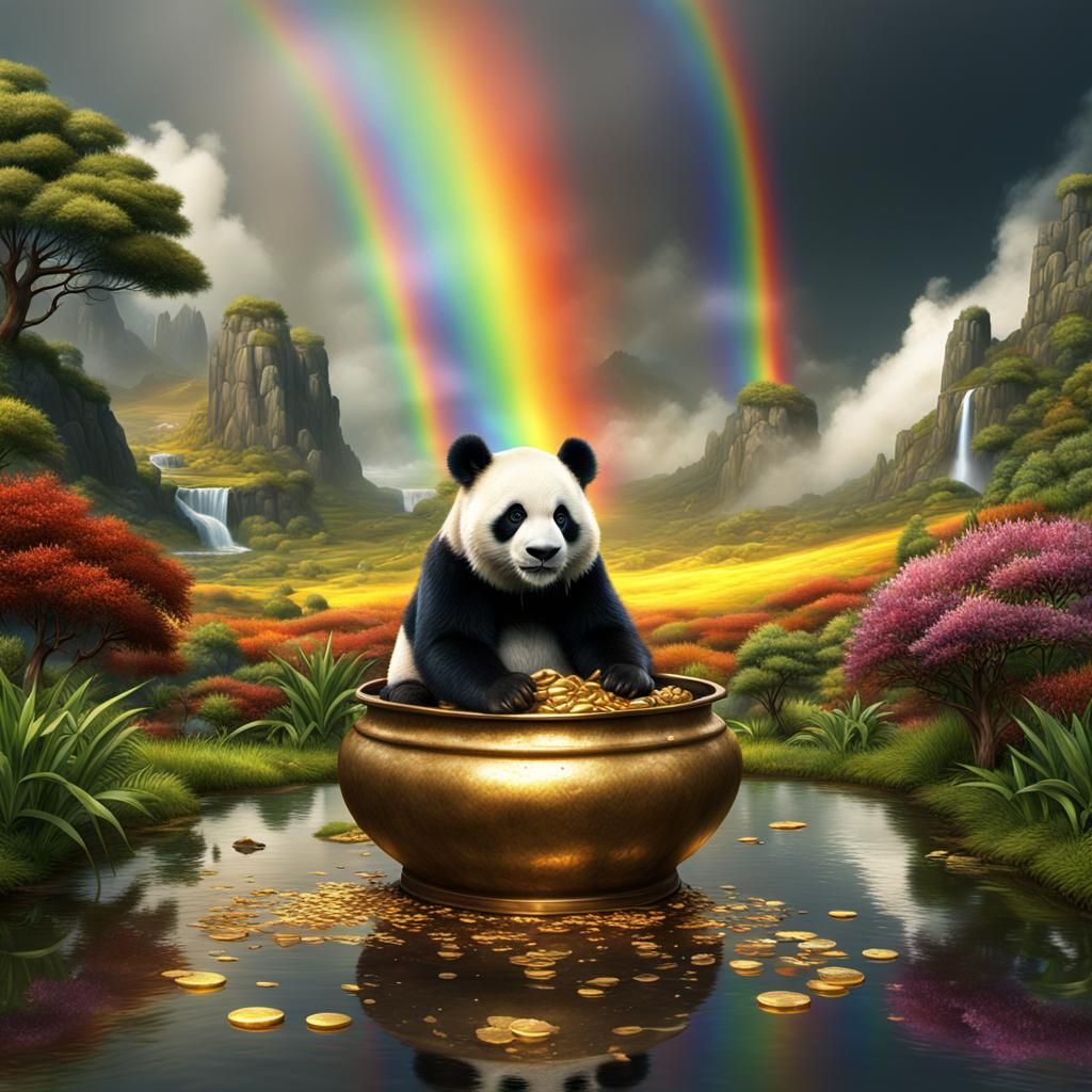 Panda sitting a double rainbow over a large pot of sparkling...