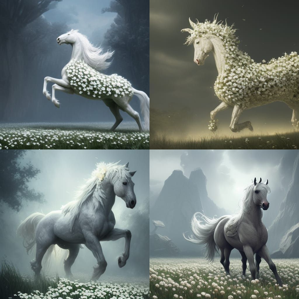 Horse made out of white flowers