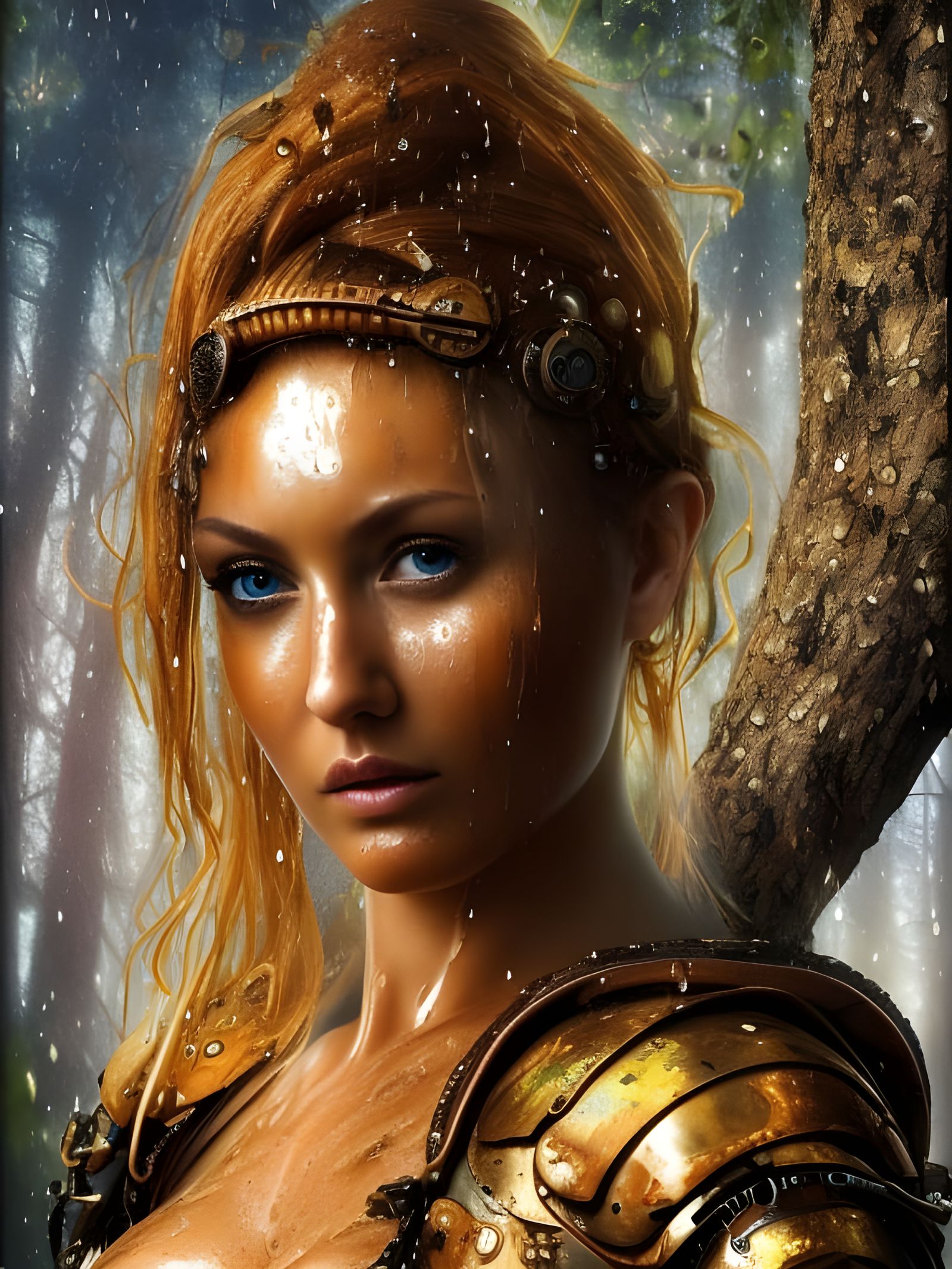 Female Warrior Portrait with Steampunk Armor in 8K