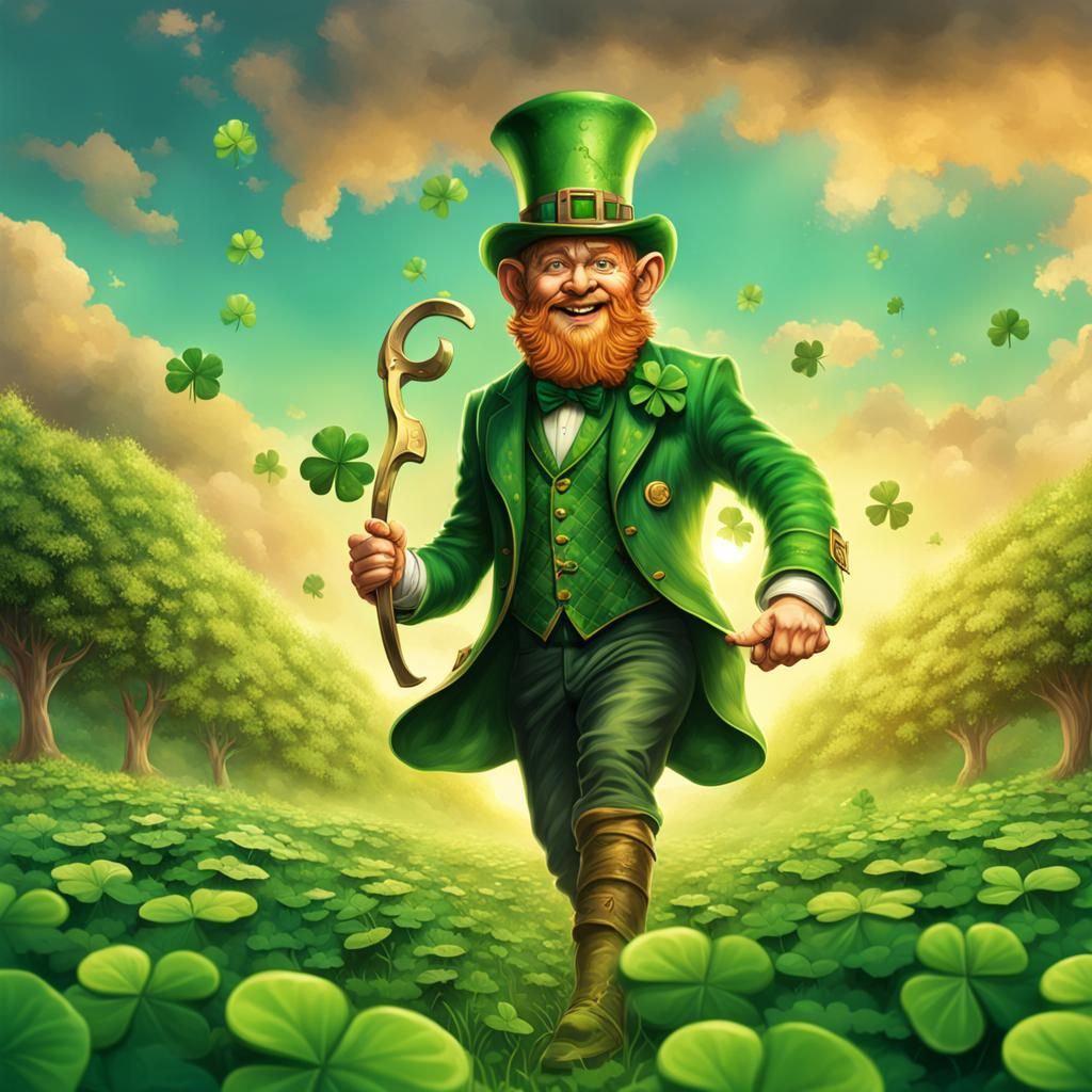 Leprechaun holding a horseshoe while walking in a four leaf clover ...