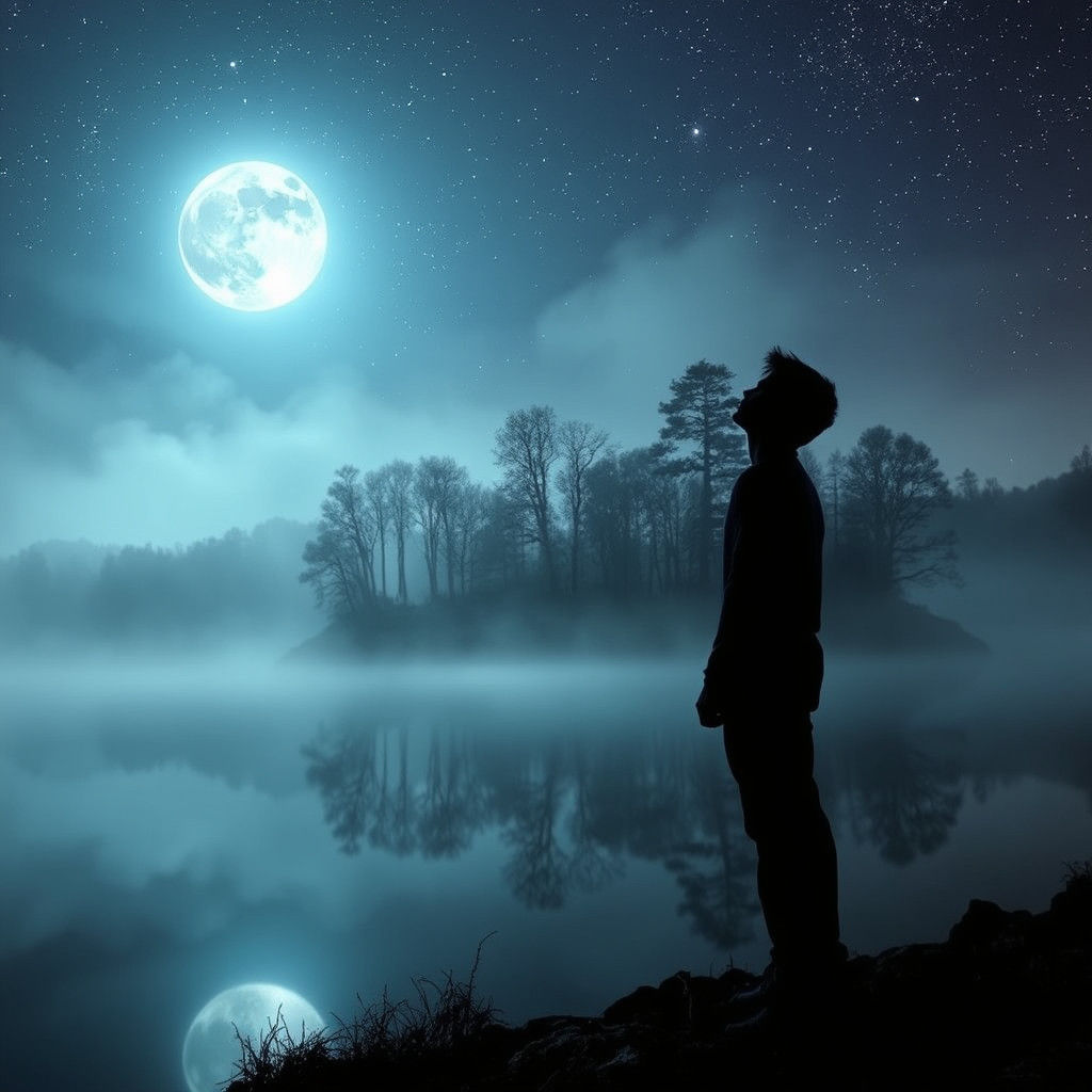 Ethereal Moonlit Lake Scene in Mystical Realism