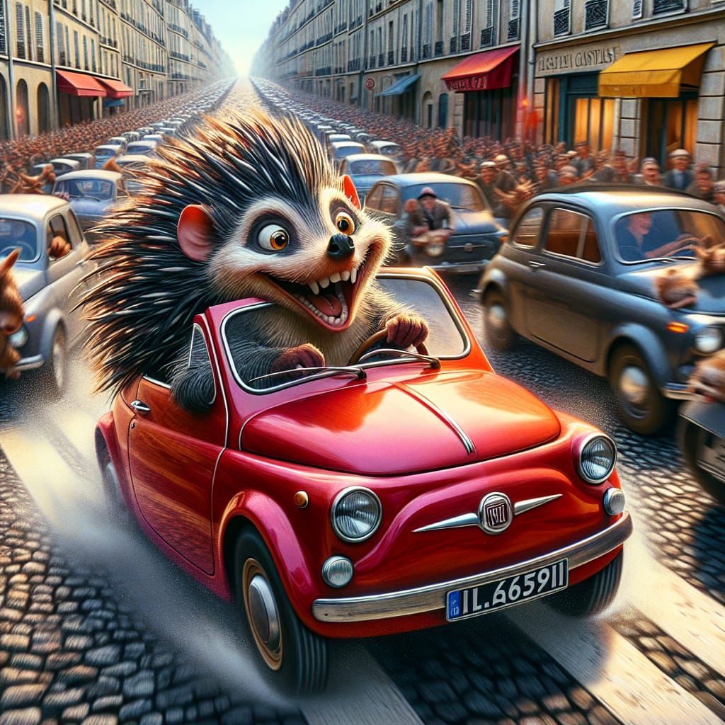 A smiling porcupine speeding through Paris in a red Fiat convertible, dynamic composition, vibrant colors, detailed character expressions, w...