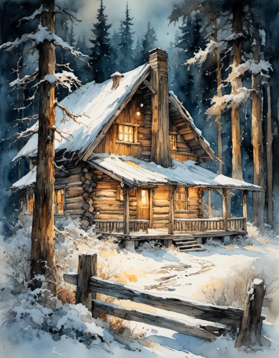   Ramshackle 1830’s style log cabin in deep snowy winter.  