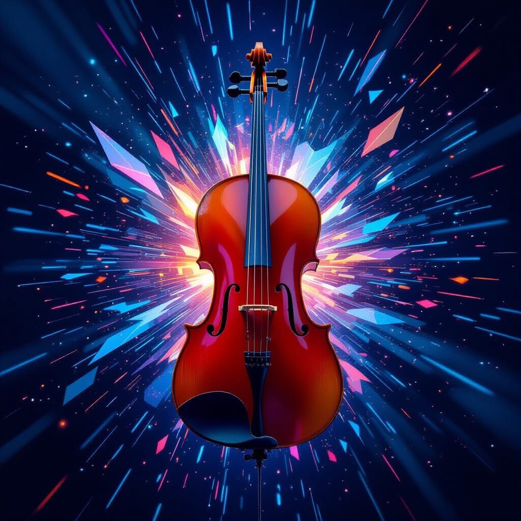 Surreal Cello Dissolving into Kaleidoscopic Light