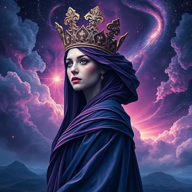 A celestial queen wears a crown woven from nebulae and stard...
