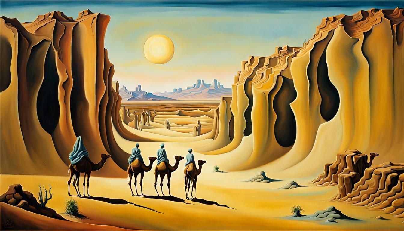 desert canyon with group of camel riders surrealism