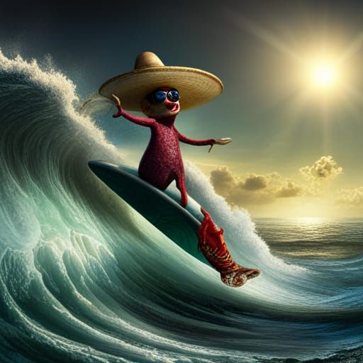 A humanoid salami, wearing an oversized sombrero, rides a su...