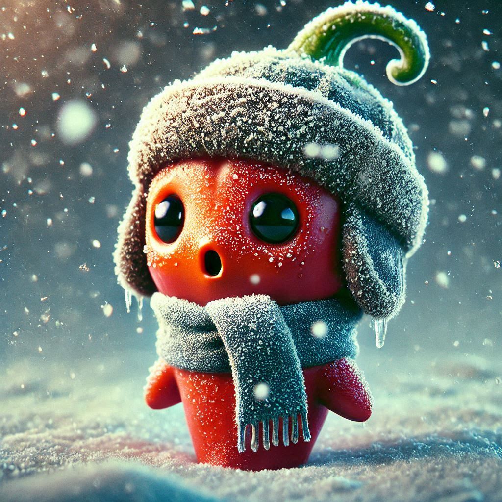 cute adorable anthropomorphic chili vegetable freezing in th...