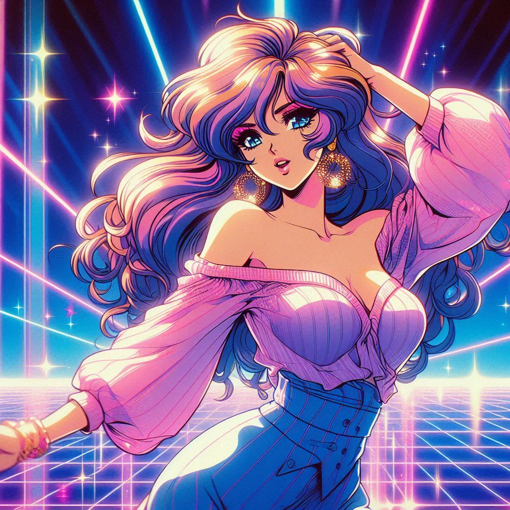 a 1980s anime style image of a woman fashion model drawn in ...