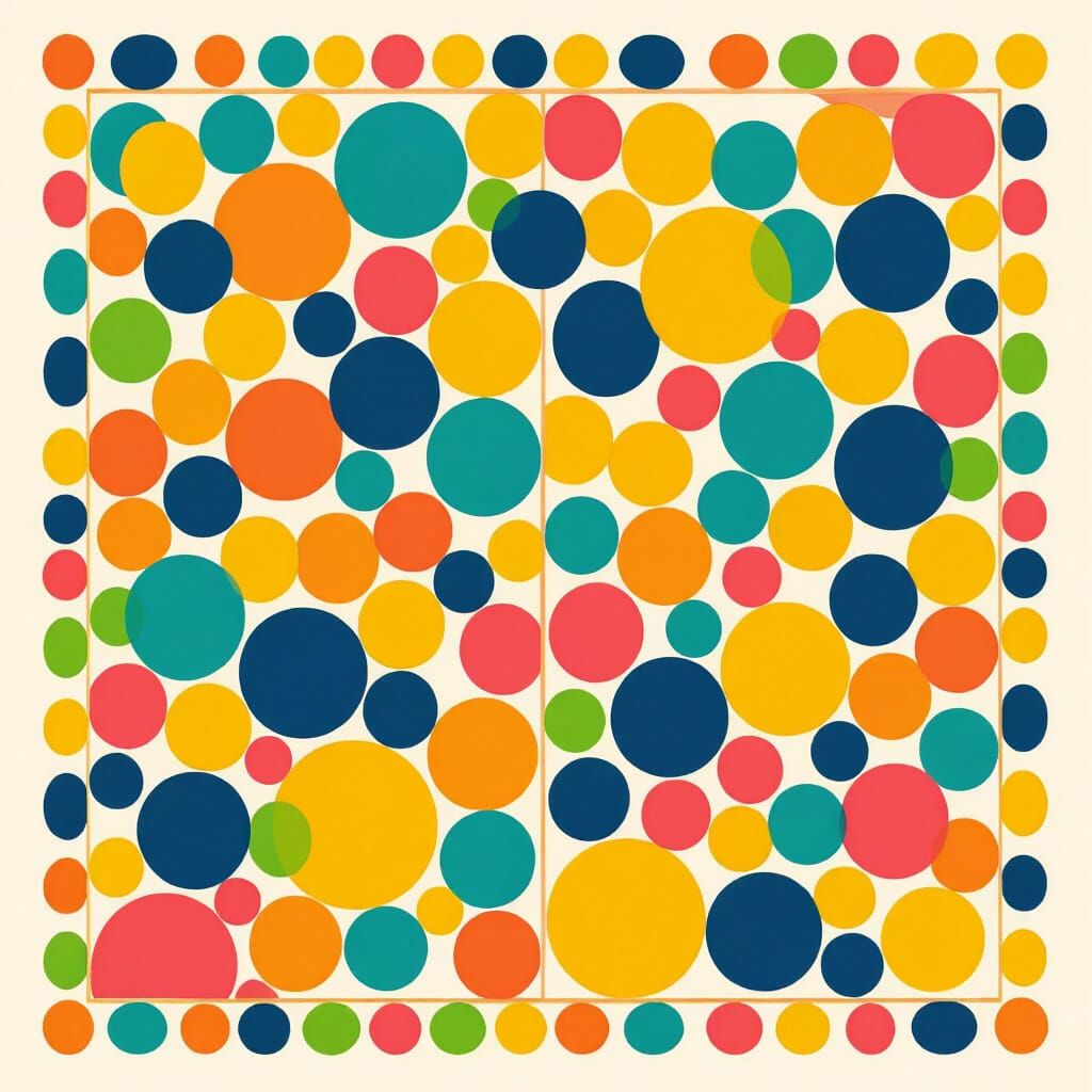 page border with dense different shaped circles utilizing these colors: bright orange, bright yellow, lime green, dark blu...