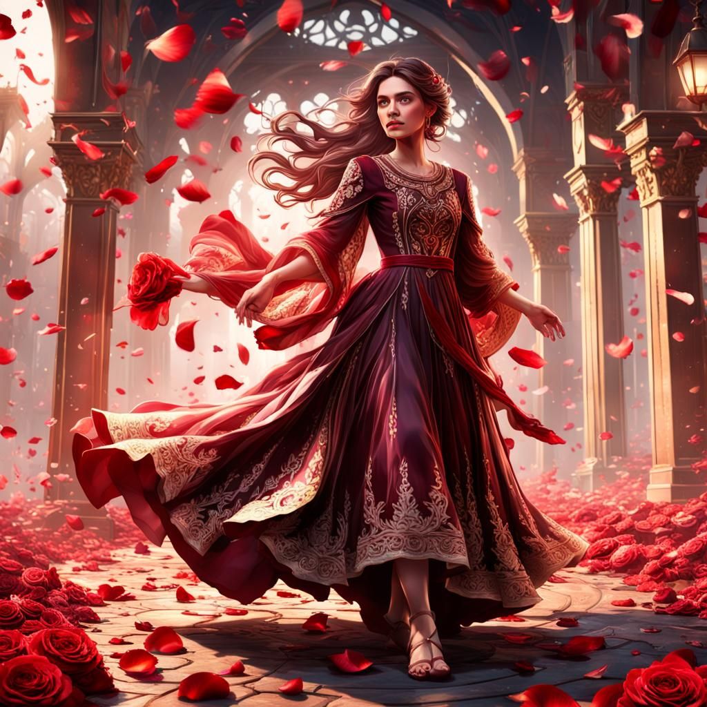 Woman Surrounded by Roses in Detailed Matte Painting