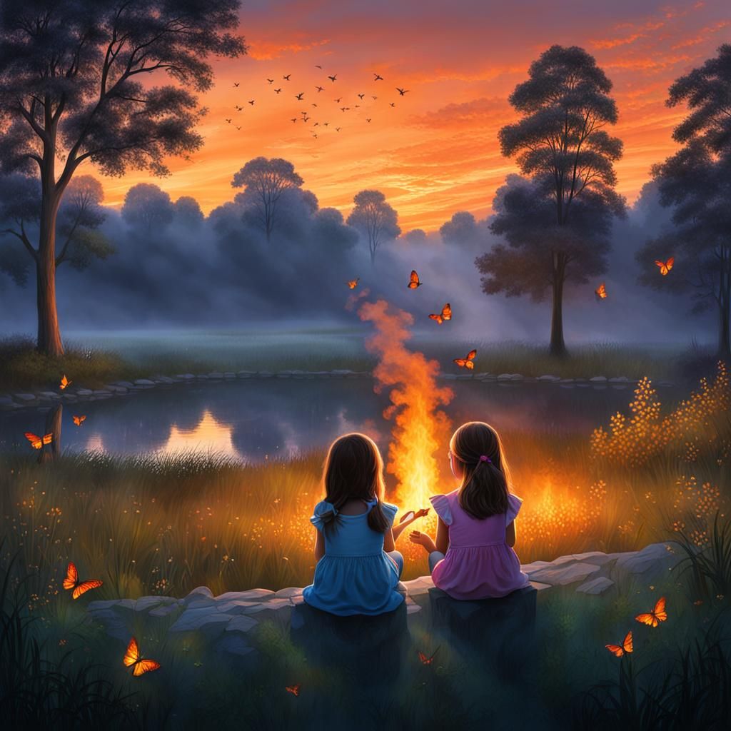 Beautiful scene of 2 little girls watching fire flys at dusk
