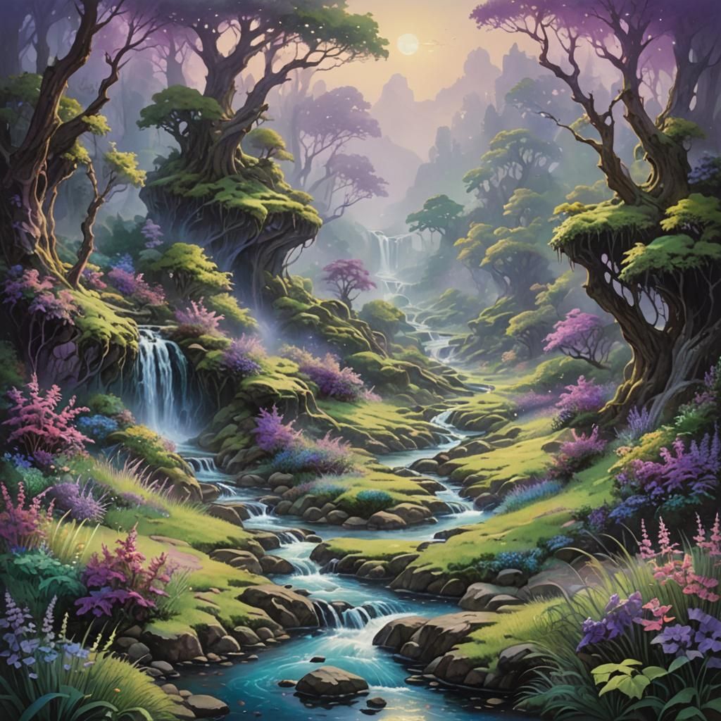 Alien landscape with purple and green vegetation and a strea...
