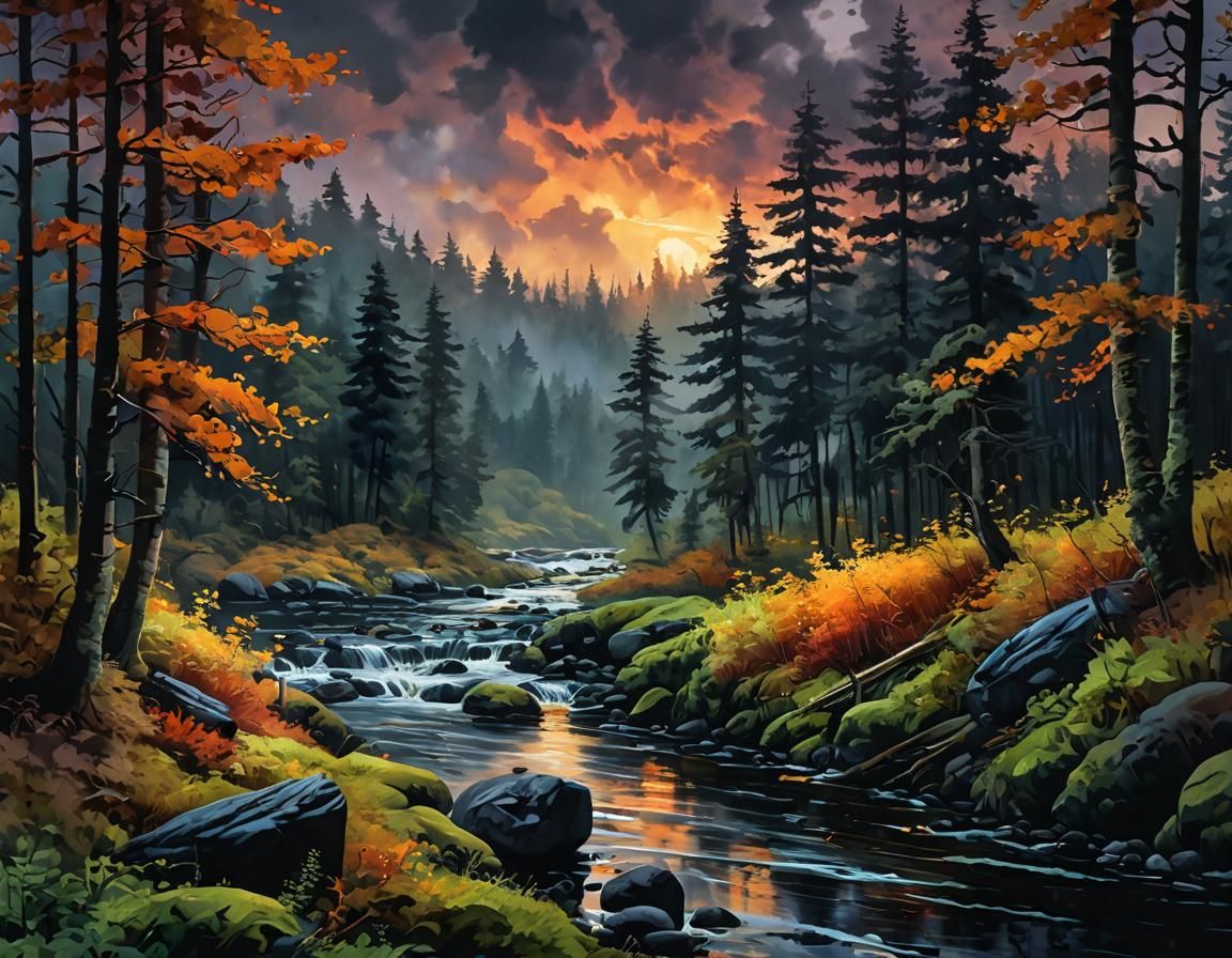 (Moody Dark Inky Sky:1.5) high definition mossy river band in an autumn forest at dusk