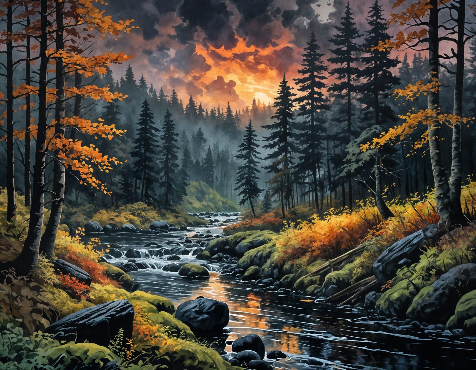 (Moody Dark Inky Sky:1.5) high definition mossy river band in an autumn forest at dusk  by @Dawnn