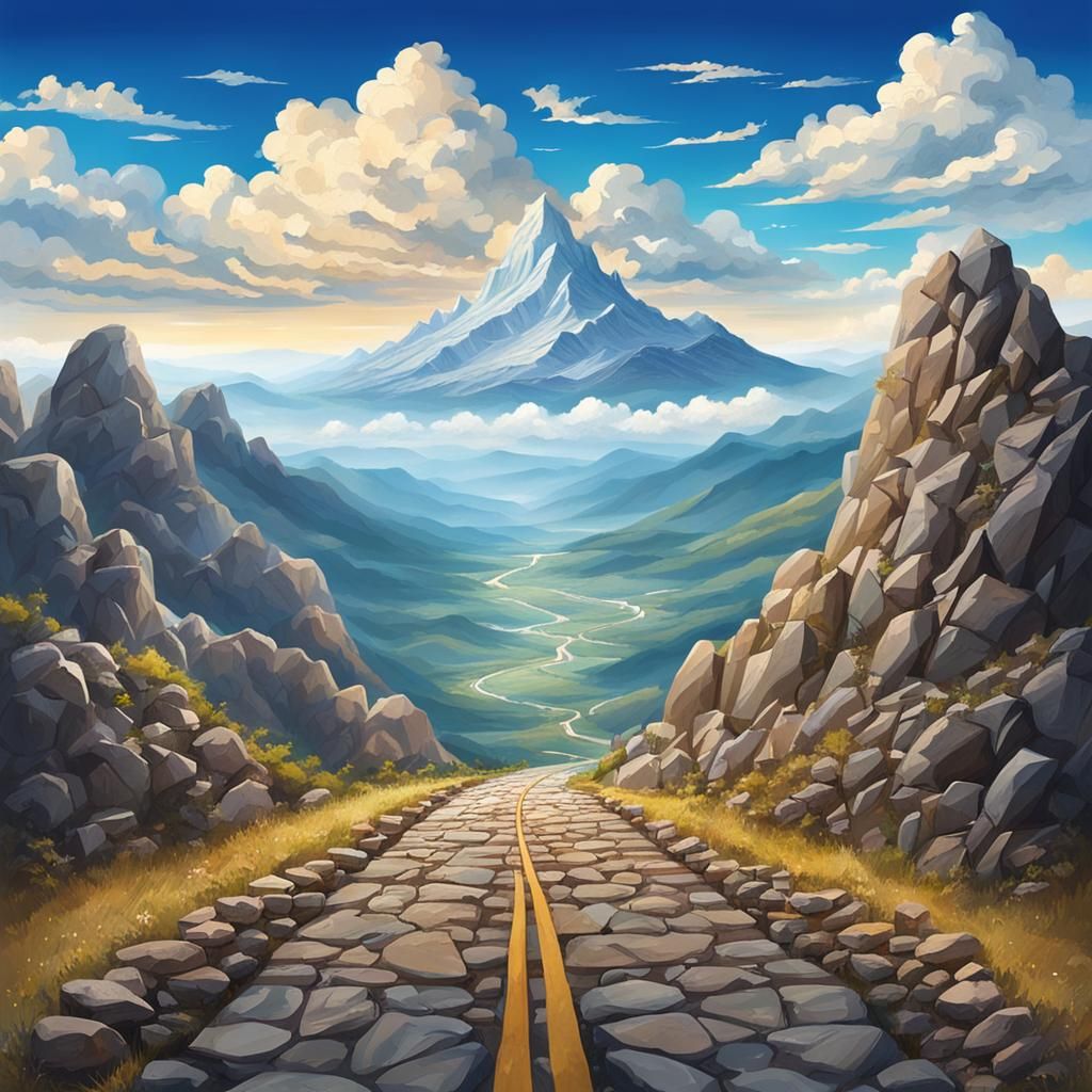 the sky, clouds, mountains, the rock road going up to heaven