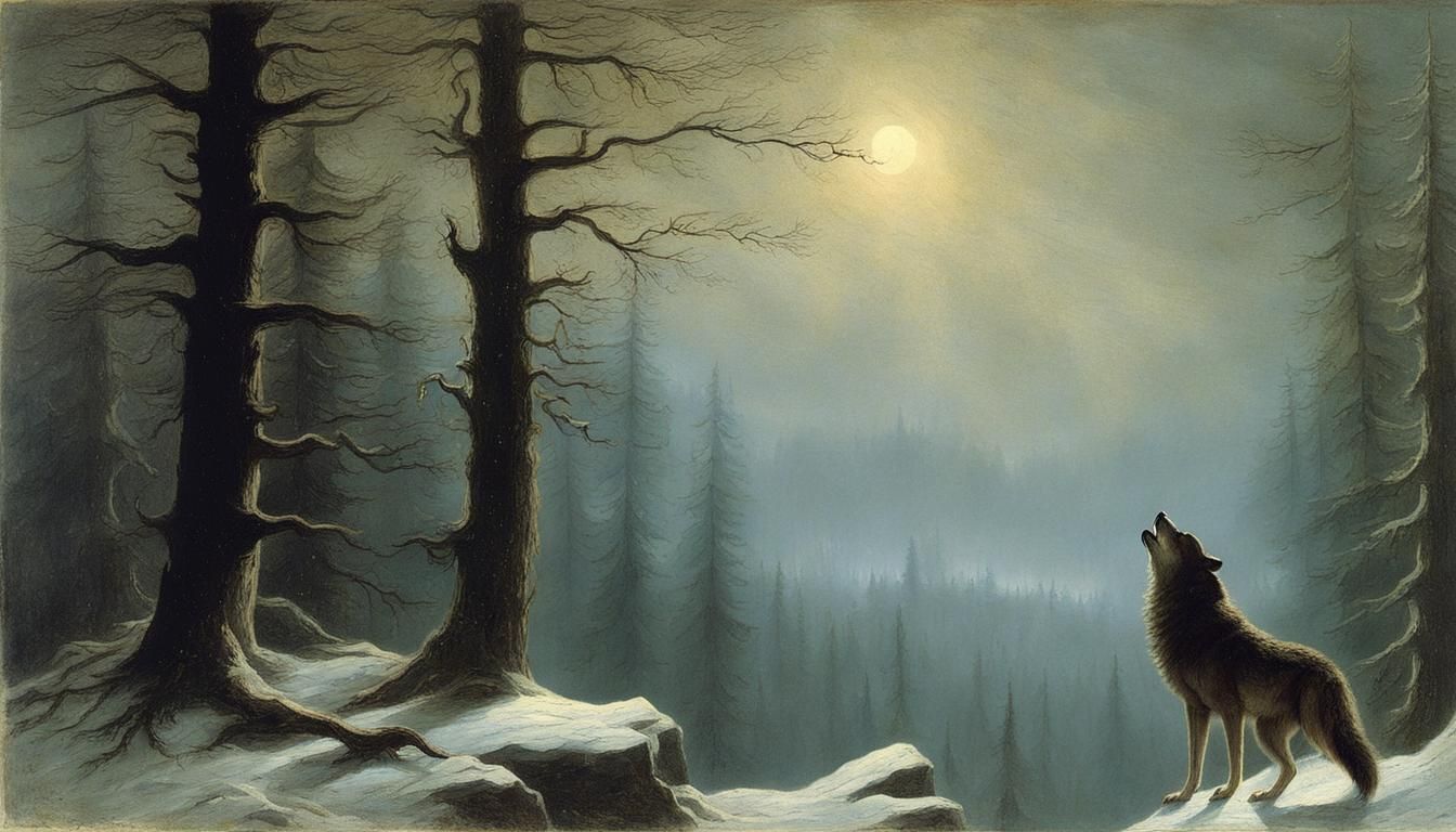 A majestic wolf howling at the stars in a misty forest. Casp...