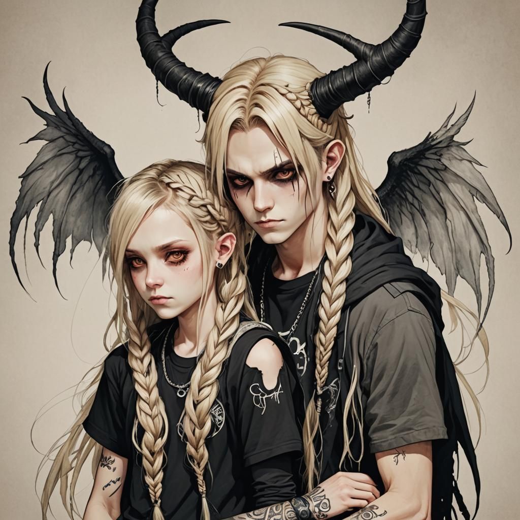Mother Demon long blonde braids horns wings
  And emo son