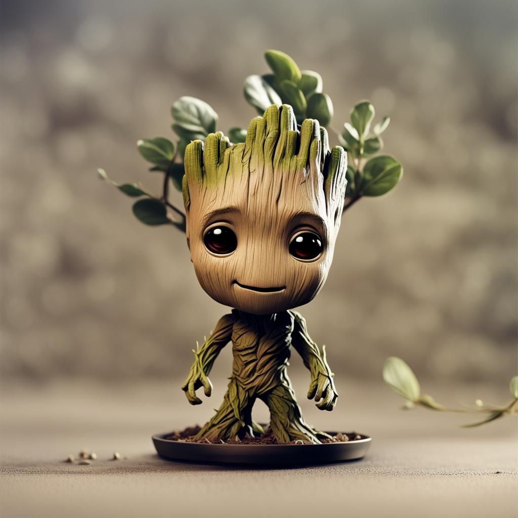 Baby Groot (bobblehead doll 1.4), (small body 1.4), (giant head 1.4). Epic cinematic brilliant stunning intricate meticu...