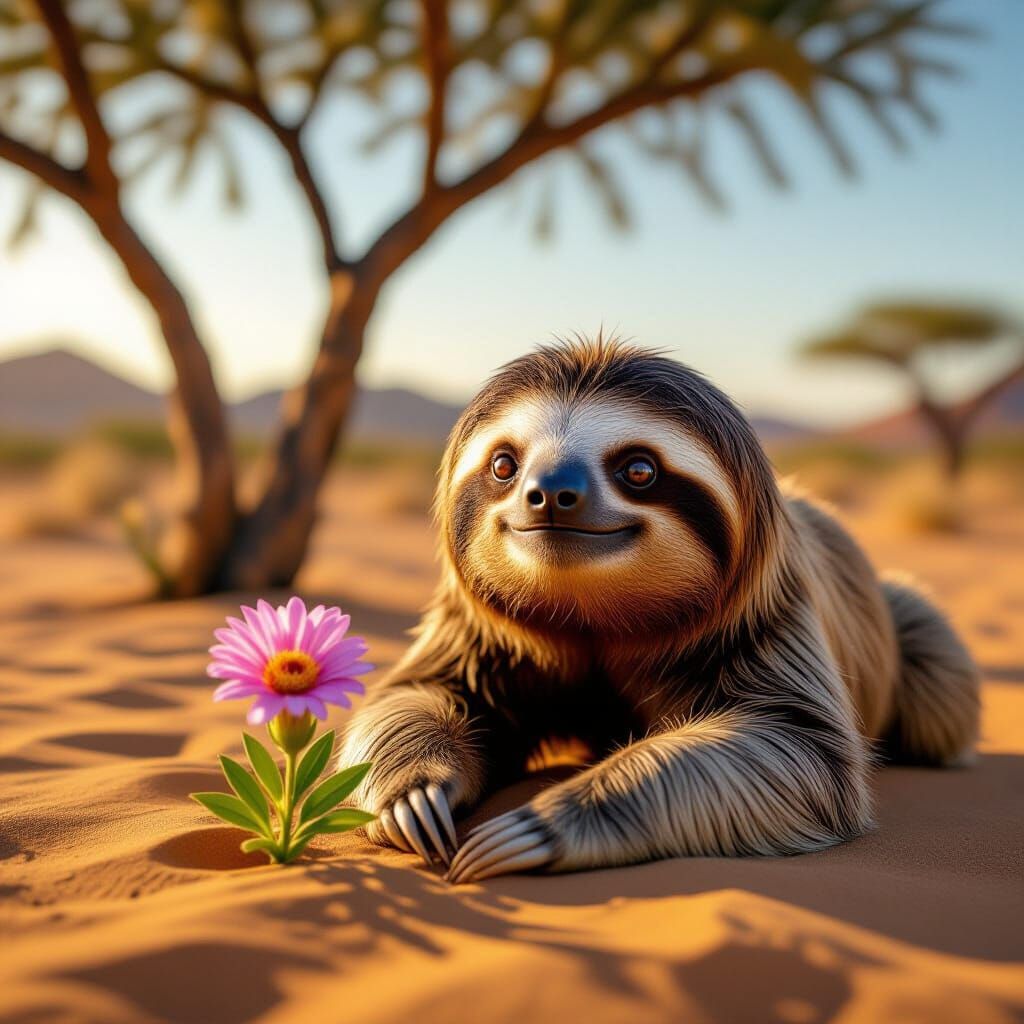  sloth in the desert looks at a flower