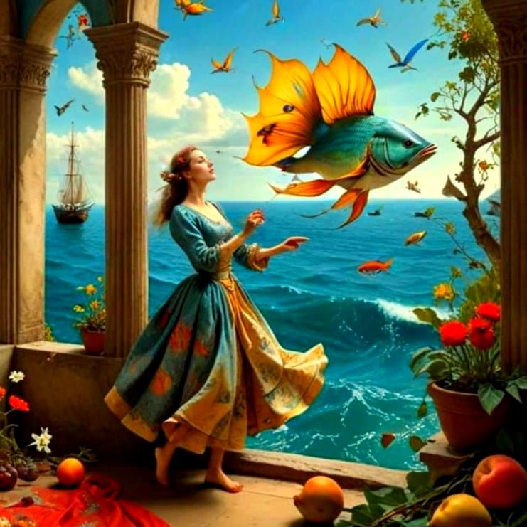 Medieval Lady in Surrealist Landscape Ink Drawing