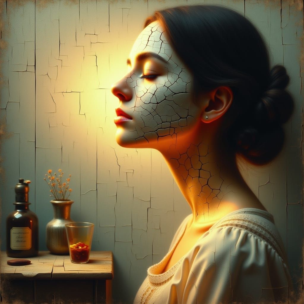 <lora:FluxCrackedLines:1.0> A surrealist side-profile portrait of a woman with her eyes closed, her face and neck sculpt...