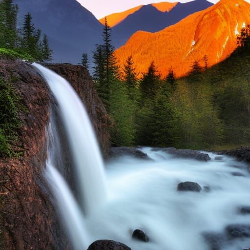 Waterfall and mountains at dawn