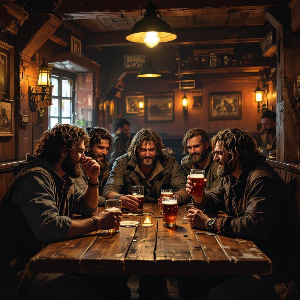 Drunken Friends in a Warmly Lit Tavern