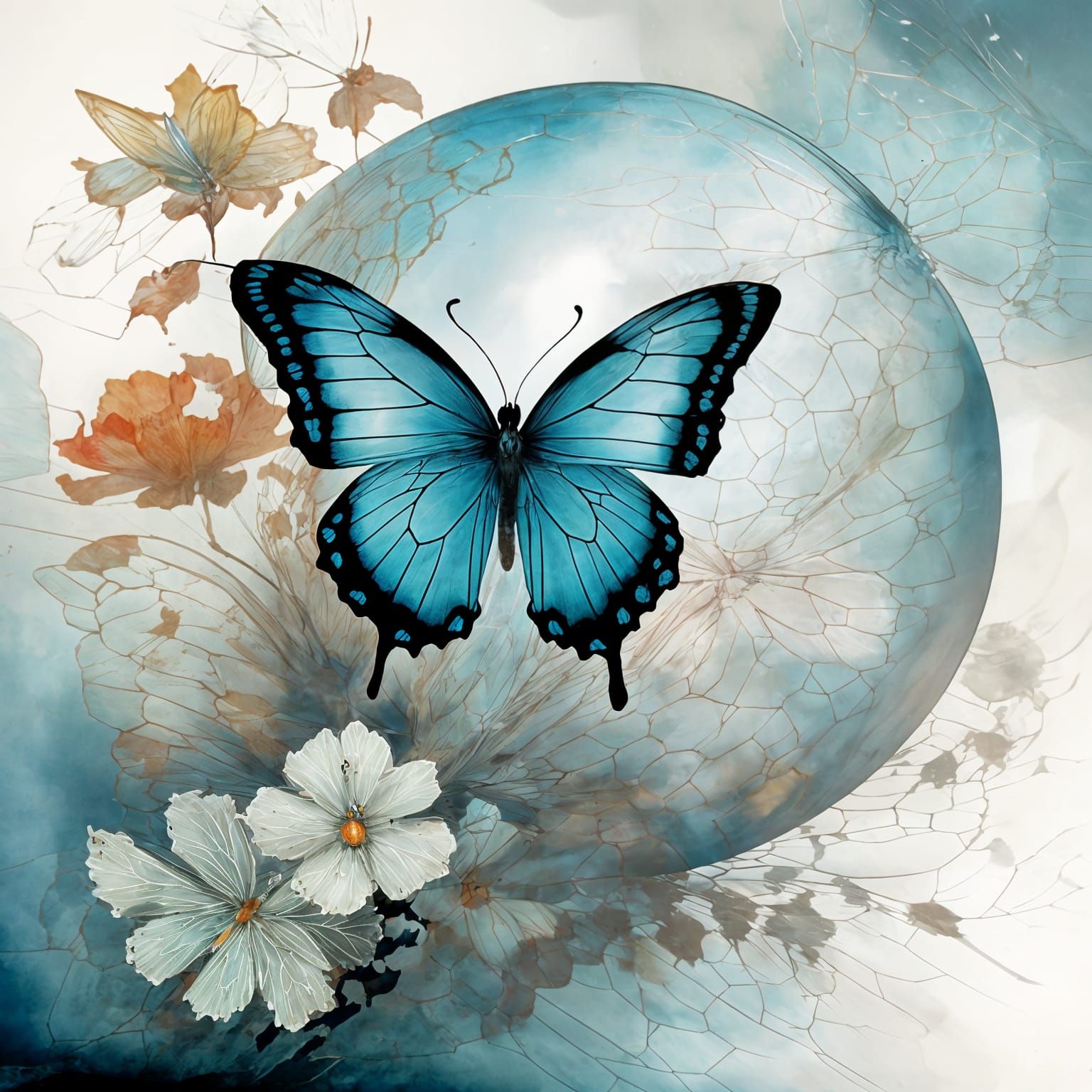 Blue Butterfly on Flower in Dreamy Moonscape