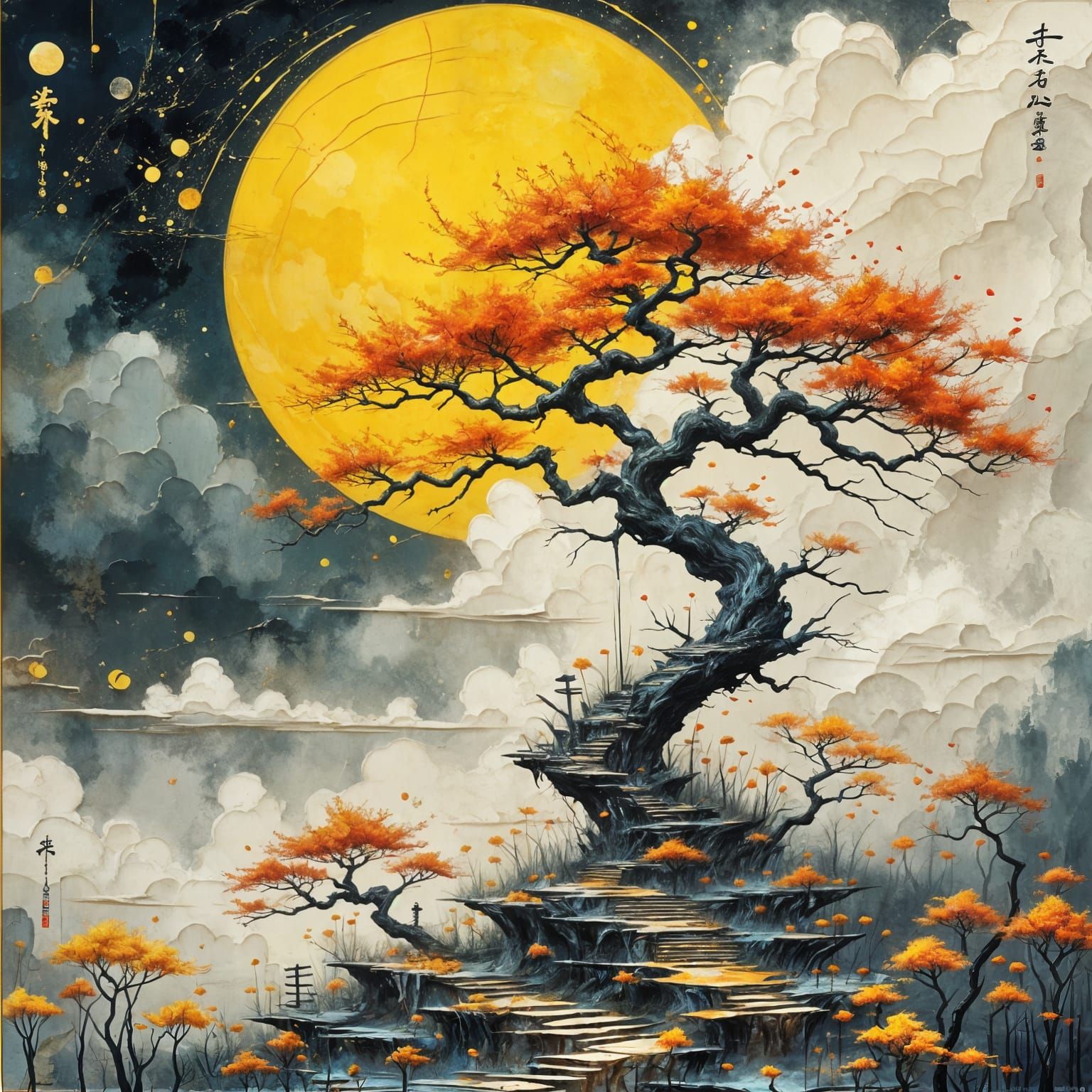 Chinese Ink Painting of Ancient Tree with Moon