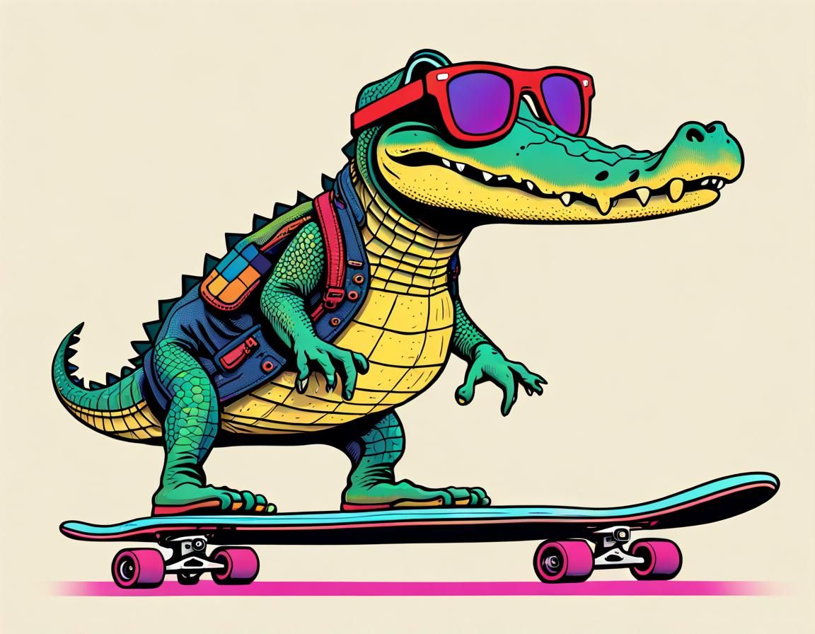 alligator riding a skateboard with sunglasses on, alligator ...